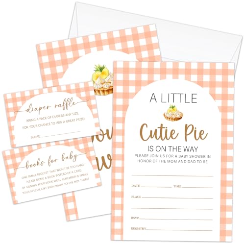 Little Cutie Pie Baby Shower Invitations Kit, Gender Reveal Invitations for Boys Girls, 25 Invitation with Envelopes, Book Request Cards, Diaper Raffle Tickets for Baby Shower Party Supplies -A04