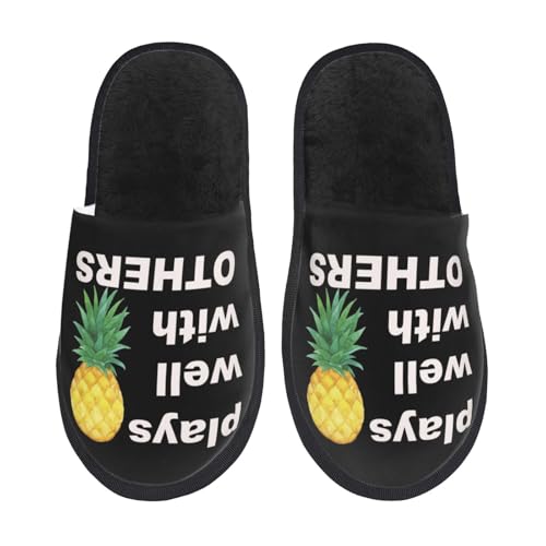 Upside Down Pineapple Play Well With Others Funny Swinger Mens Womens Indoor Cotton Slippers Warm House Shoes Breathable Scuff Slippers Soft Furry Slippers3