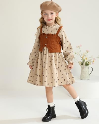 Image of Toddler Girl Dress Fall Winter Clothes 2 Piece Outfit Long Sleeve Crew Neck Toddler Dress for Girls