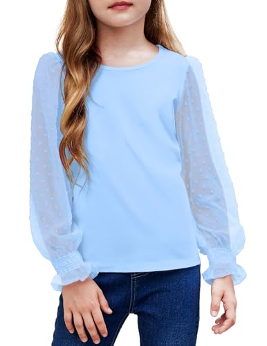 Image of Arshiner Girls Long Sleeve Shirt with Ruffle Cuffs Polka Swiss Dots Kids Girls Pullover Shirts Cute Crewneck Girls Top