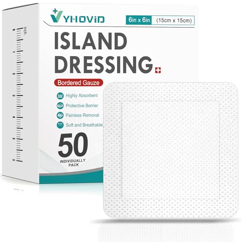 50 Count Island Dressing Bordered Gauze 6 x 6 Gauze Pads Individually Wrapped Non-Stick Pad in Center with Adhesive Border Bandages for Wounds First Aid