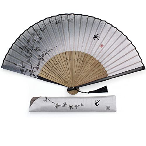 【舞扇堂】高級扇子・みやびいろ(男性向き・桐箱入りギフトセット)(黒-山吹につばめ)