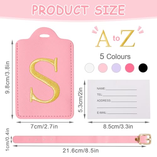 Image of Personalized Initial Luggage Tags for Suitcases, Cute PU Leather Embroidered Letter Travel Luggage Tags, Suitcase Identifier Name Baggage Tag, Bag Tags for Men Women Kids Luggage Handbags(Pink S)