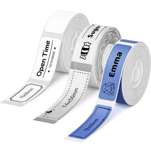 NIIMBOT 3 Roll Set Labels for D110/D11/D101 Label Maker (0.59 X 1.18 White/ 0.55 X 2 Clear/ 0.47 X 1.57 Blue) Waterproof Thermal Label Tape for Home Office School Organization