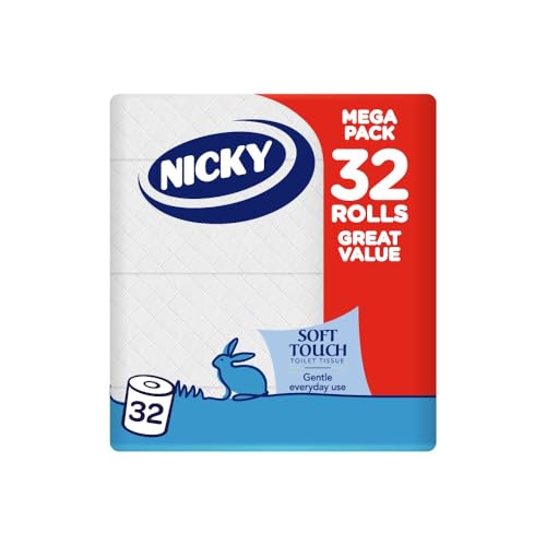 Nicky Soft Touch Toilet Tissue |Extra Value Pack – 32 Rolls of Extra Gentle White Toilet Paper |190 Sheets per Roll| 2-ply | Soft Tissue | Modern Embossing |Easy Opening | 100% FSC Certified Paper