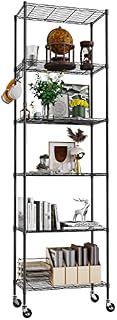 Himimi 6-Tier Standing Storage Shelf with Wheels,Height Adjustable, Heavy Duty Shelving Unit with Hook for Bathroom Kitchen Garage Bedroom Black