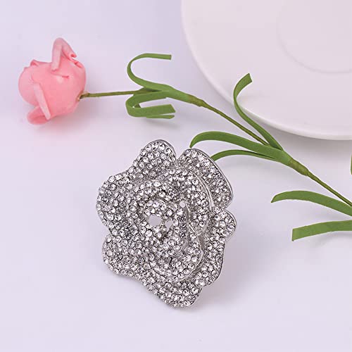 Rhinestone Rose Brooch Pin for Women Girls Fashion Crystal Big Blossom Flower Brooch Lapel Pins Elegant Dress Accessories Jewelry Boutonniere Corsage for Hat Bag Suit Tie Gift Wedding Mother\'s Day (Silver Tone)