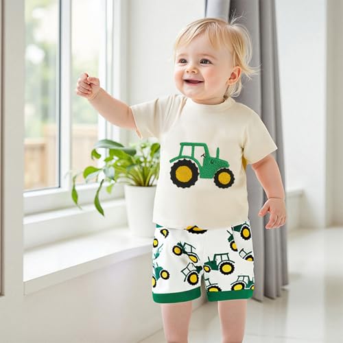 Engofs Toddler Baby Boy Clothes Summer Outfit Short Sleeve Tractor Letter Print T Shirt Shorts Set3