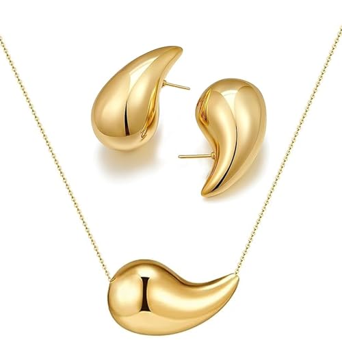 Teardrop Necklace Earrings Jewelry Set for Women, Dupes Drop Dainty 14k Gold Plated Water Hypoallergenic Pendant Necklace
