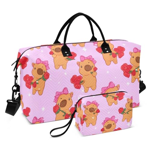 Capybara Roses Bow Cartoon Sports Gym Bag for Women Men Travel Duffel Bag Weekend Overnight Carry on Bag with Toiletry Bag for Yoga Swimming Hospital Plane
