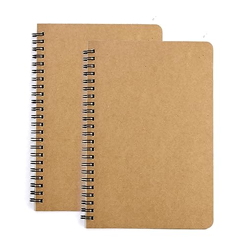 XNJIHWA 2 Packs A5 Spiral Paper Notebook Lined Spiral Kraft Cover Notebooks Plain Notepad Bulk Journals Lined Paper 120 Pages,60 Sheets Perfect for Travel School(Brown)