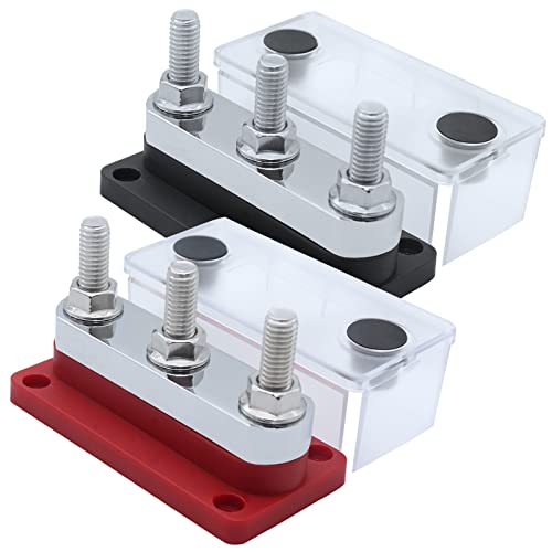 Amomd 2Pcs 12-48V 600A Bus Bar 3-Studs (3/8") M10 High Current Copper Busbar Terminal Block Marine Battery Ground Distribution Block With Cover (Red&Black) #TOP5
