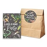 10 x Einladungskarten Kindergeburtstag DINOS + 10 Tüten inkl. Sticker Mitgebsel Kindergeburtstag (Dinosaurier)