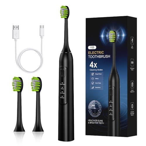 Cepillo de Dientes Eléctrico Sónico,42000vpm Con 2 Cabezales,Selección de 5 Modos,1200mAh,Dura 120 Días,Temporizador Inteligente de 2 Minutos,Estuche de Viaje para Cepillo de Dientes (Black)
