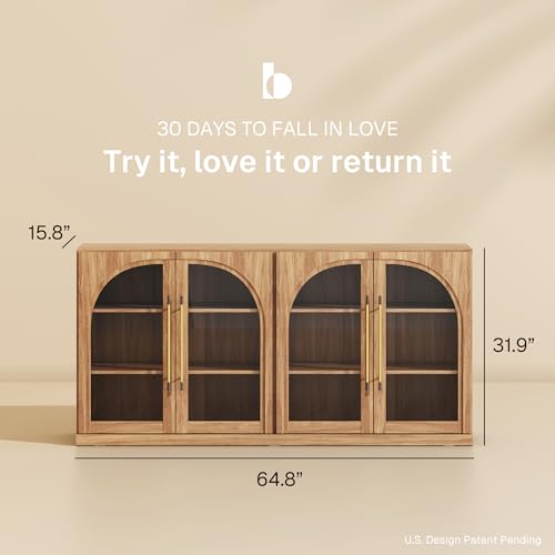 BELLEZE 65" Arched Sideboard with Glass Door, Accent Buffet Cabinet with Storage and Adjustable Shelves, Classic Modern Large Console Table for Dining Room Living Room Entryway (Camel)