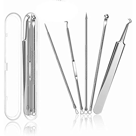 5er Mitesserentferner Komedonenquetscher Set, elloLife Blackhead Remover mit Box aus Edelstahl Akne Whiteheads Mitesser Entferner Kit für alle Hauttypen Cover