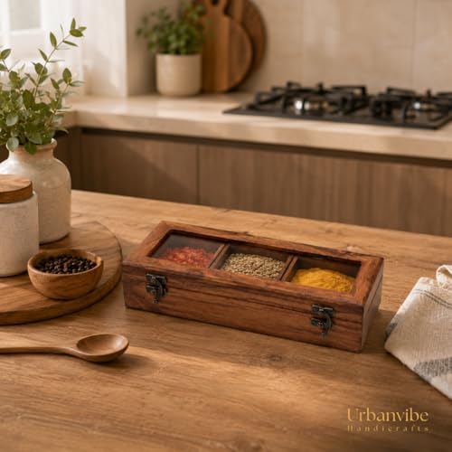 Image of Wooden Spice Box with Glass Lid & Spoon | Sheesham Wood Masala Dabba Organizer | 3 Compartments Spice Storage Container for Kitchen | Handmade Masala Box (Brown)