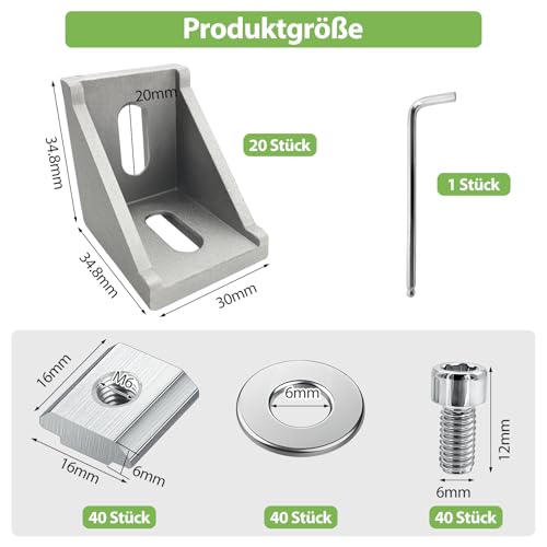 iMeshbean Aluprofil Winkelverbinder 30x30 Befestigungsmaterial Winkel Befestigung 20 Stück, Stabile Aluminium Eckwinkel für Strebenprofil, Montageprofil, DIY-Projekt (3030 Silber(20stk))