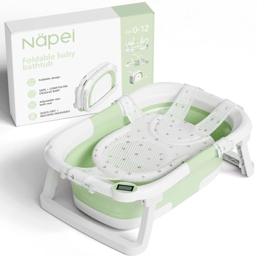 Image of napei Collapsible Baby Bathtub,Baby Bath Tub with Soft Cushion & Thermometer,Baby Bathtub Newborn to Toddler 0-36 Months,Portable Travel Baby Tub