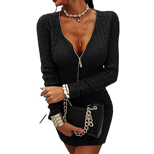 Robe en maille col en V zippé pour femme robe pull noire XXL