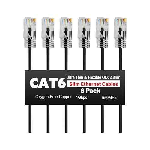 CAT 6 Ethernet Cable 1.5 FT (6-Pack), Slim Pure Copper Cat6 Cables, 1Gbps | Category 6, 550MHz, 32AWG OFC, UTP, Black, RJ45 Internet Network LAN for Router, Modem, Switch, TV, Server, Computer Room