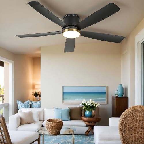 DWVO 52" Flush Mount Ceiling Fan with Lights and Remote, Black and Gold Ceiling Fan with Light Tri-Color Temperature, 6 Speed, Quiet DC Motor for Bedroom, Living Room