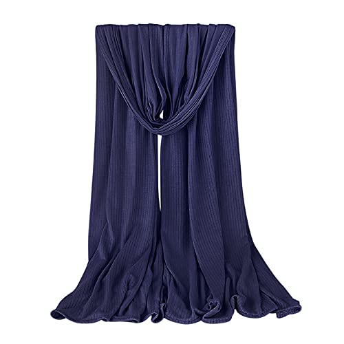 Ruixia Breathable Solid Color Women Knitted Cotton Jersey Hijab Scarf Fashion Soft Long Muslim Turban African Ladies Head Wrap Shawls Lightweight For Girls, Navy Blue, One Size #TOP3
