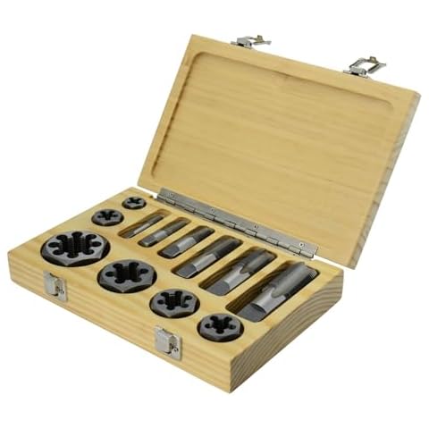 Drill America 12 Piece Carbon Steel NPT Pipe Tap and Die Set, 1/8", 1/4", 3/8", 1/2", 3/4" and 1" in Wooden Case Cover
