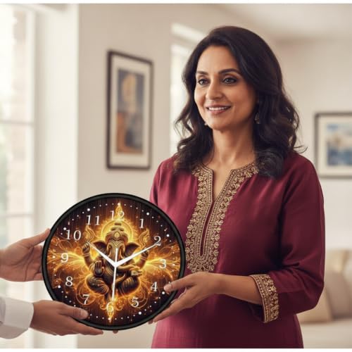 Image of Lord Ganesha Wall Clock for Living Room, Home Decor & Pooja Room | Golden Glowing Ganpati Bappa Analog Designer Wall Clock (Round, 12 Inch, Silent Sweep) | Spiritual Vastu Decorative Gift Item