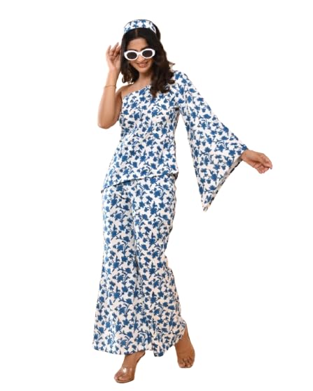Eka One Shoulder Statement Co-ord Set for Women Asymmetrical One Shoulder Top with Bell Bottom Pants Printed Co-Ord Outfit Stylish Casual Wear for Party, Travel & Festive-image-29