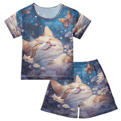 ALAZA Cat Butterfly Flower Blue Watercolor Pajamas Set Short Sleeve Cotton Sleepwear Summer Pjs 2 Piece 5-14Y