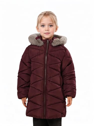Image of SOLOCOTE Girls Winter Puffer Coat with Faux Fur Hood Sherpa Lined Parka Water-Resistant Windproof Quilted Jacket Wine 5-6 Years