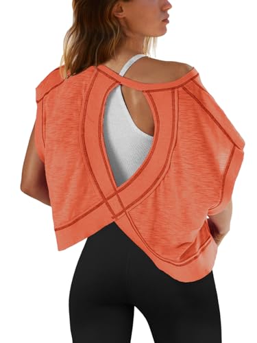 Image of SENSERISE Womens Open Back Workout Tops Backless Short Sleeve Athletic Shirt Running Crop Top Gym Yoga Tee