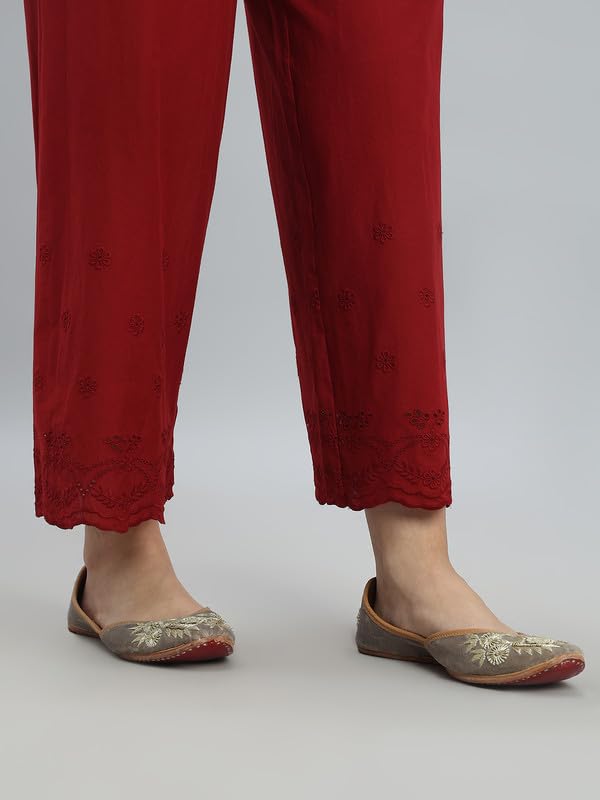 Image of GO COLORS Women Cotton Hakoba Wide Pant Ankle Length, Floral Embroidery, Relaxed Fit, Mid-Rise with Side Pocket