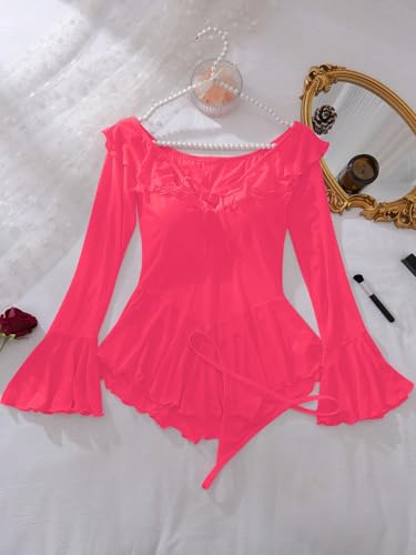 Image of OYOANGLE Women's 2 Piece Off Shoulder Long Sleeve Ruffle Mesh Sheer Nightgowns with Thongs Babydoll Lingerie Set