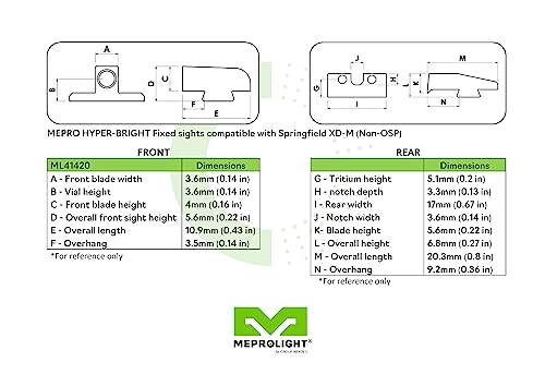 Mepro Hyper-Bright Tritium Night Sights Compatible With Springfield Xdm, Green Tritium, Extra Bright Yellow Photoluminescent Ring, U-Notch Rear By Meprolight #TOP6