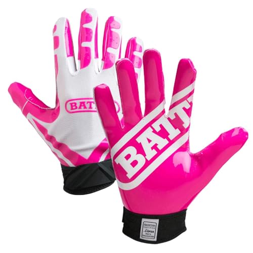 Battle Sports Ultra-Stick Wide Receiver Football Gloves - Adult & Youth Football Gloves - Adult X-Large, White/Pink