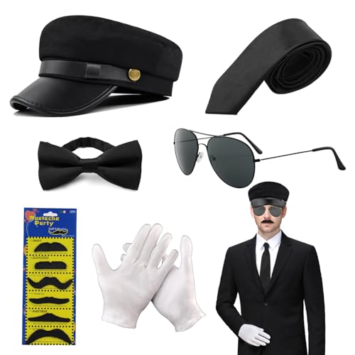 XNIVUIS Lot de 6 accessoires de costume de chauffeur fantaisie - Chapeau noir, lunettes de soleil, nœud papillon, gants, fausse barbe, gangster, motard des années 80, accessoires pour cosplay, fête à