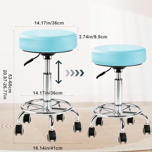 Image of Rolling Stool with Wheels - 500lbs,Thick 9.5cm Cushion, Height Adjustable | PU leather|Swivel silent rubber casters|Foot pedal ring|space-saving|For Drafting salon tattoo clinic garage home office