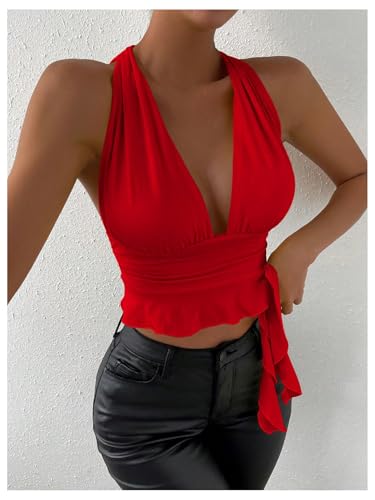 SOLY HUX Women's Sexy Deep V-Neck Halter Crop Top Summer Beach Vacation Clothes Y2K Trendy Tank Top for Going Out Party - Image 6