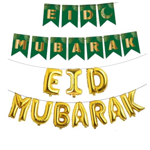 Image of Eid Mubarak Balloon Decoration (Eid Mubarak foil,Paper Banner White Tule Net and Light with Black Green and White Balloons)