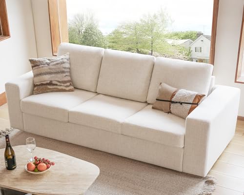 ELUCHANG 85 Modern Couches for Living Room Natural Linen 3 Seat Sofa Comfy Deep Seat Sofa Spring Cushions Removable Cover Solid Wood Frame Easy Assembly Loveseat for Small Space Apartment Beige