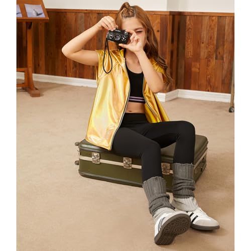 Image of Jxstar Girls Metallic Hoodie Vest Kids Shiny Zip Up Outfit Sleeveless Disco Shirt with Pocket