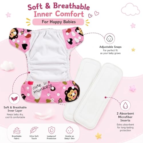 Image of GLUN Adjustable Reusable Baby Cloth Diaper with 2 Absorbent Inserts, Waterproof & Washable Pocket Nappy, Soft Comfortable Fit for Infants and Toddlers, Pink Monkey Print