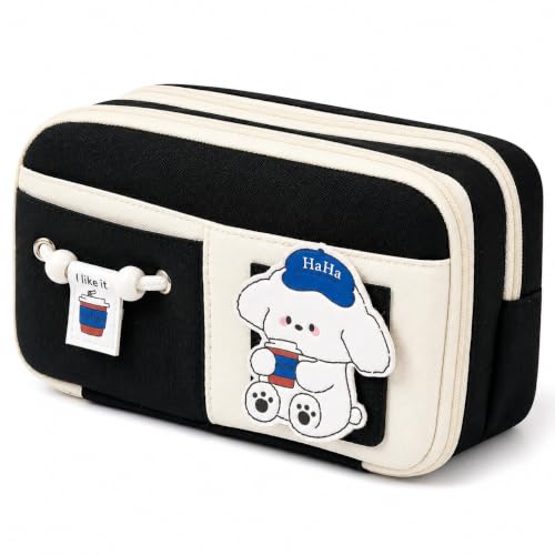 Image of FINEMOE Kawaii Pencil Pouch for Girls & Boys, Cute Black Pencil Pouch for School, 10 Layer Large Capacity Aesthetic Stationery with Zipper, Pencil Case for Kids, Return Gifts (Black)
