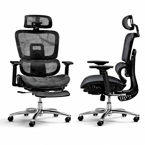Cadeira de Escritório Ergonômica com Estofado de Mesh, Regulagem de Altura, Apoio Lombar Ajustável, Base Giratória em Aço Cromado, Braços Acolchoados, Rodízios Silenciosos - Posture Office (Preto)