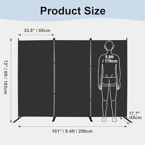 MAYOLIAH 3-Panel Black Room Divider 6ft Tall Folding Privacy Screen w/Flat Base Portable Office Partition Indoor Wall Separator 101\" W X 72\" H - Thumbnail 5