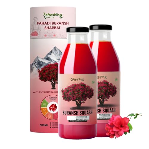 Image of REFRESHING ROOTS Uttarakhand Premium Buransh (Rhododendron) Squash, 1000 ML Glass Bottle | Cold Pressed | Natural Health Drink | Added Honey | No Artificial Flavors | Rich in Antioxidants | Glass Bottle (500 ML * 2)