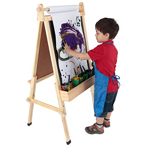 Fundamentals Kids Art Easel 3 In 1 Multipurpose Wooden Art Easel, Chalk Board & Dry Erase White Board & Paper Roll With Paper Clamp Adjustable Height 36.5"- 51" - Natural Finish #TOP1