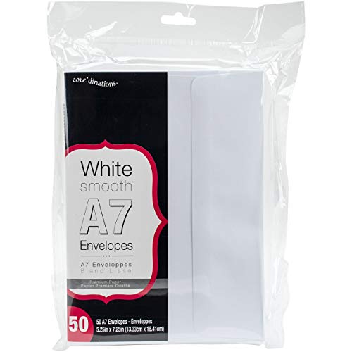Darice Smooth A7 Envelopes, White, 50-Pack – 5.25” x 7.25” – Bulk Envelopes for Invitations, Greeting Cards and Notes, Made of Premium Paper, Easy to Seal Closed